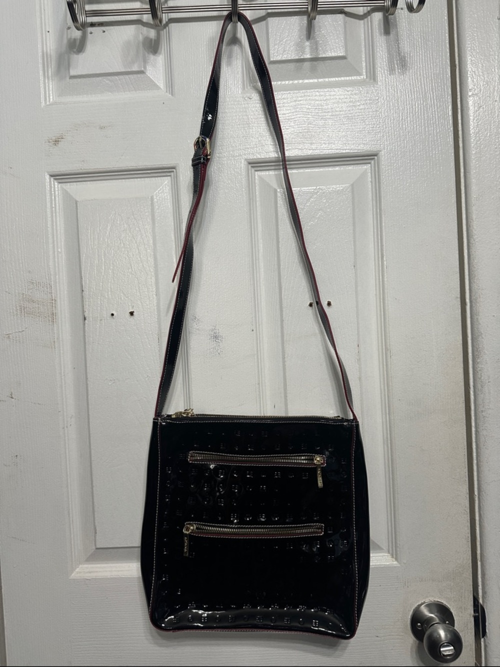 Black Patent Crossbody Bag with Gold Zippers